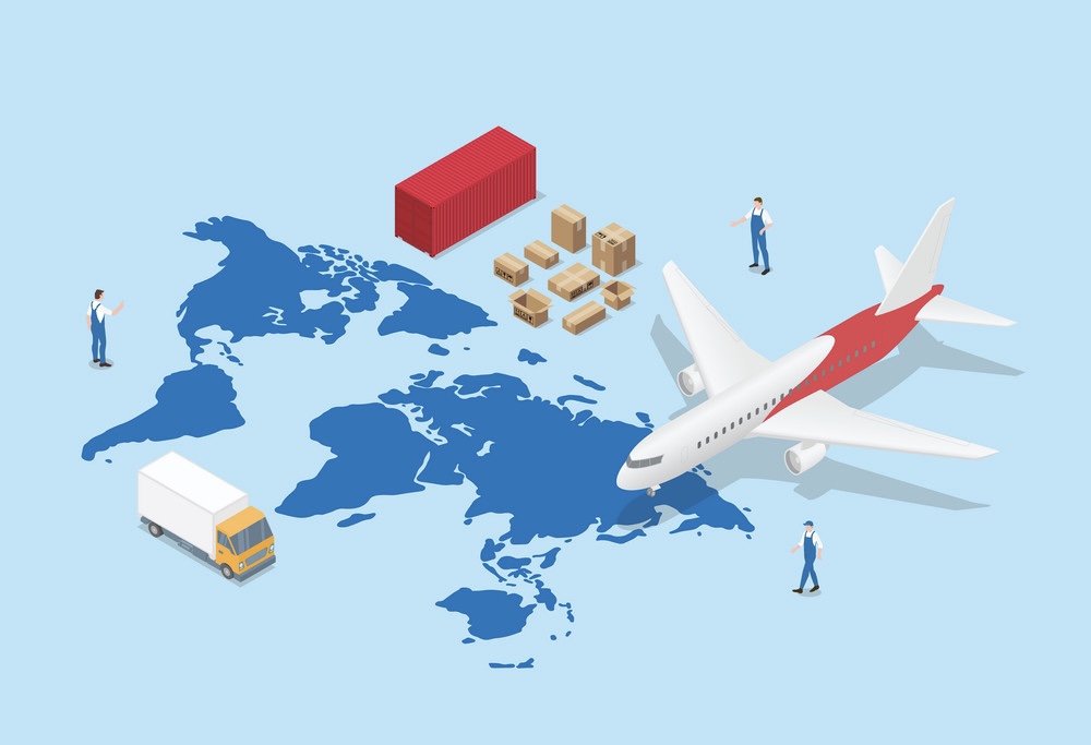 global logistics network with world map and transportation plane and truck container with modern isometric style - vector